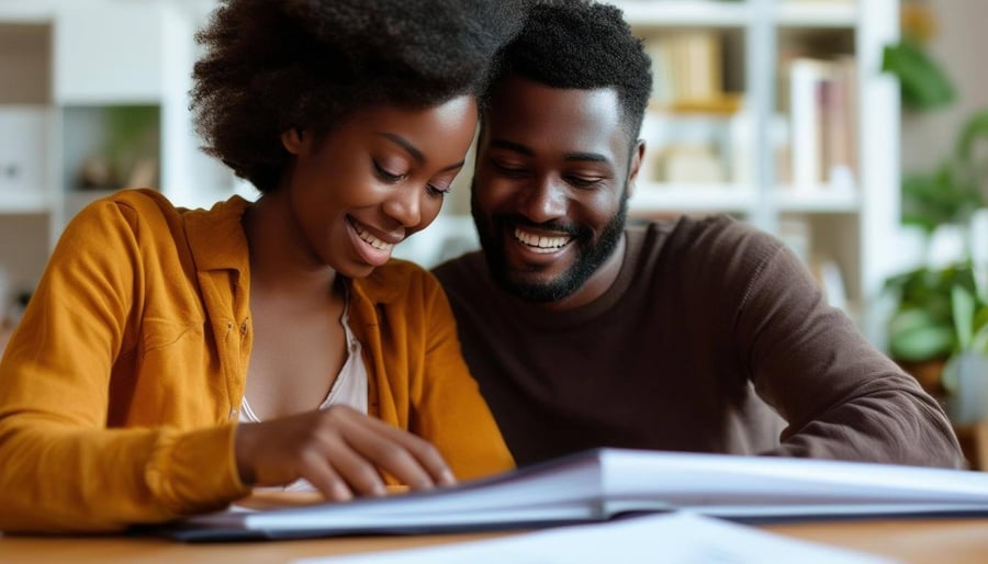 Make happy black couple looking in a binder that is sitting flat on the table-2