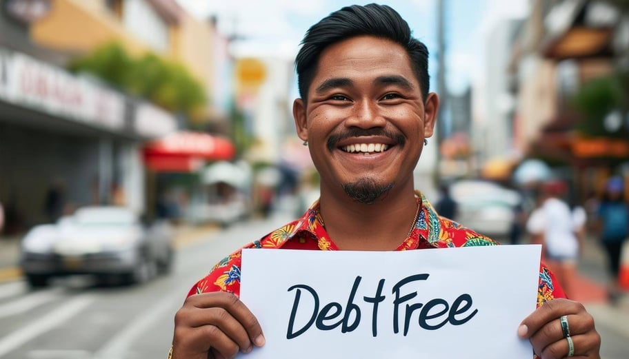 have a smiling, shirt wearing samoan holding up a paper that says Debt Free with a north american city sidewalk in the background