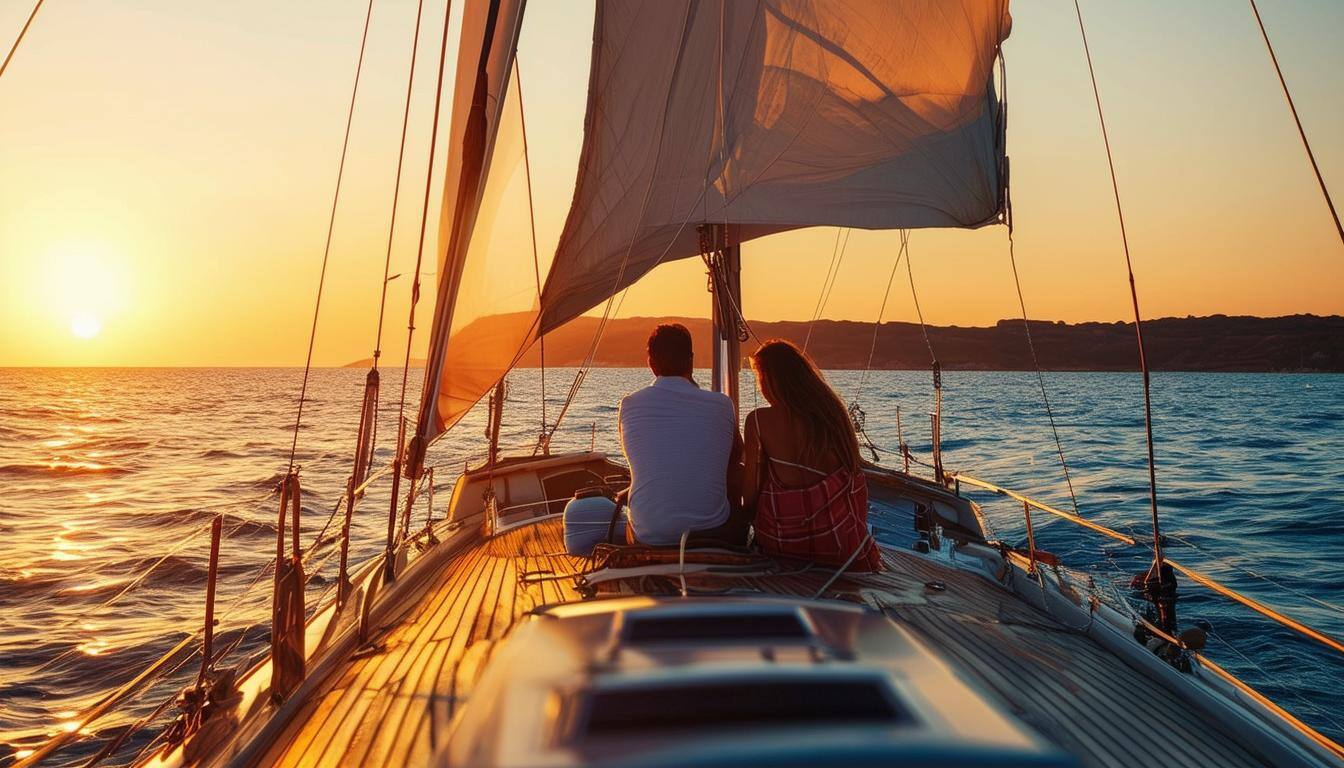 a couple sailing on a yatch in the sunset a couple sailing on a yatch in the sunset