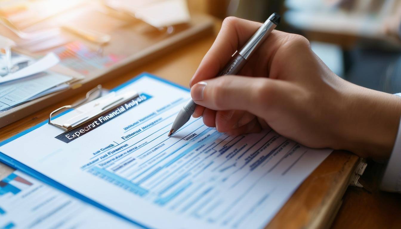 third person view over the shoulder of someone writing on a form labelled expert financial analysis third person view over the shoulder of someone writing on a form labelled expert financial analysis