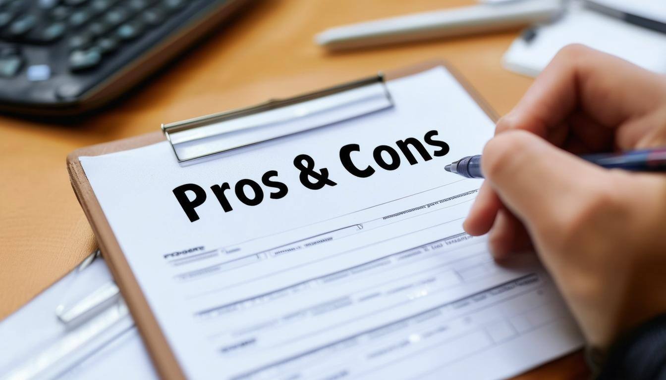 third person view over the shoulder of someone writing on a form labelled pros and cons third person view over the shoulder of someone writing on a form labelled pros and cons